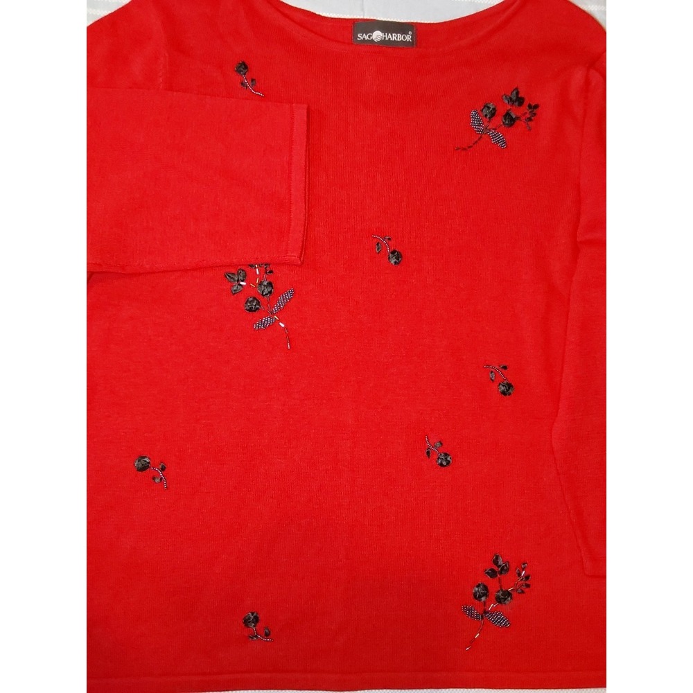 Sag Harbor Women's XL Red Beaded 3/4 Sleeve Cotton Blend Sweater - Picture 2 of 9